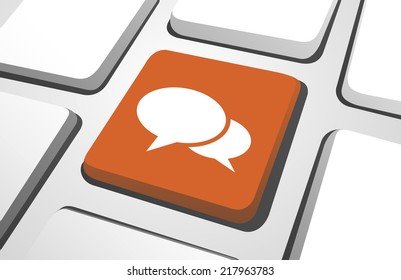 Close-up of orange chat room computer icon on a keyboard button.