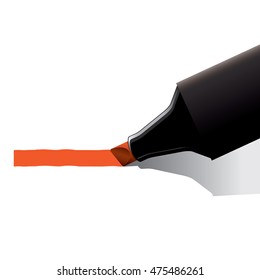 Closeup of orange marker pen drawing line on paper.