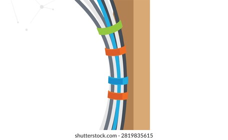 Close-up of organized multi-color networking cables bundled together next to a wooden post.