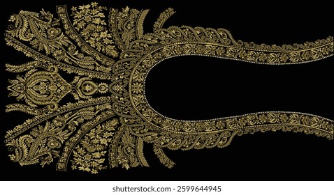 close-up of an ornate, golden embroidery design for a garment neckline on a black background, for textile, wallpaper, gift wrapping.