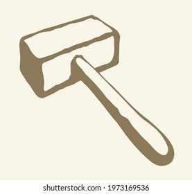 Closeup outline black hand drawn rough built rock force demolite age impact rusty steel hitter axe knock hit build object logo emblem retro art doodle line style. Close up view white paper text space