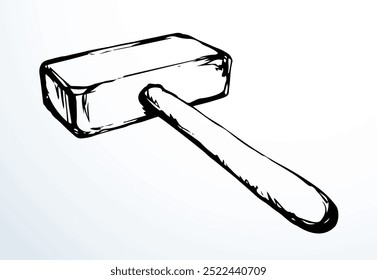 Contorno de primer plano negro dibujado a mano en bruto construido roca fuerza edad demolida impacto herrumbroso acero hitter hacha golpe golpe golpe construir objeto logo emblema retro arte doodle estilo de línea. Espacio de texto de papel blanco de vista de cerca