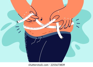 Closeup of overweight woman measure waist with tape. Fat female use measuring centimeter make body measurements before diet. Wight loss. Vector illustration. 