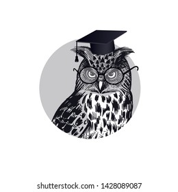 Close-up owl head in square academic cap and glasses. Forest bird of prey isolated on white background. Symbol of wisdom and education. Black white vector illustration.