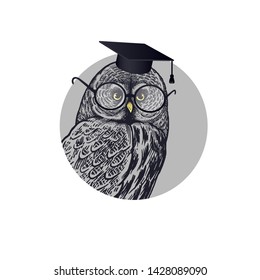 Close-up owl head in square academic cap and glasses. Forest bird of prey isolated on white background. Symbol of wisdom and education. Black white vector illustration.