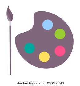 Closeup palette sketch with five colors, banner isolated on white background, paitnt brush near round palette, vector illustration with painting tools