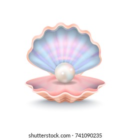 Closeup of pearl and shell inside of it, big cockleshell with shadow under it, icon on vector illustration isolated on white background