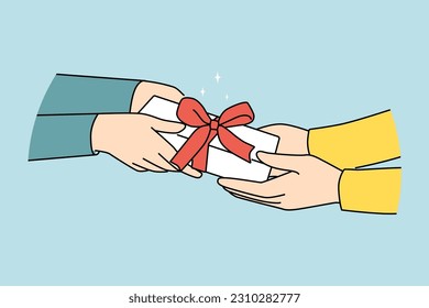 Closeup of people congratulating with wrapped present with bow. Person greeting friend with gift. Birthday or special occasion congratulation with giftbox. Vector illustration. 