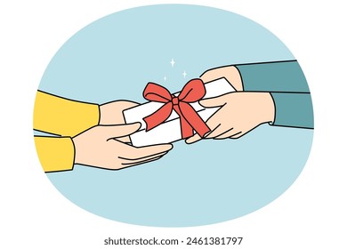 Closeup of people congratulating with wrapped present with bow. Person greeting friend with gift. Birthday or special occasion congratulation with giftbox. Vector illustration.