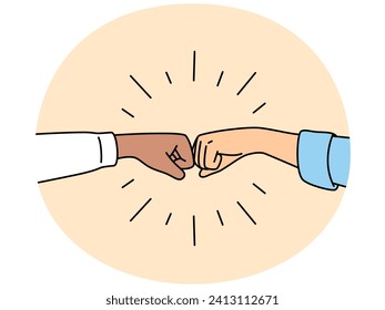 Close-up of people give fists bump greeting or getting acquainted. Businesspeople or colleagues make hand gesture celebrate shared win or victory. Vector illustration.