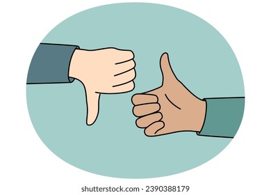 Closeup of people hands showing thumb up and down. Man or woman demonstrate like or dislike. Approval and disapproval. Vector illustration.