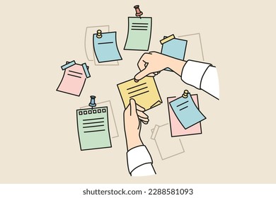 Closeup of person attach sticky notes with pins to board in office. Employee organize work plans using stickers on corkboard. Vector illustration. 