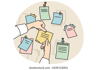 Closeup of person attach sticky notes with pins to board in office. Employee organize work plans using stickers on corkboard. Vector illustration.