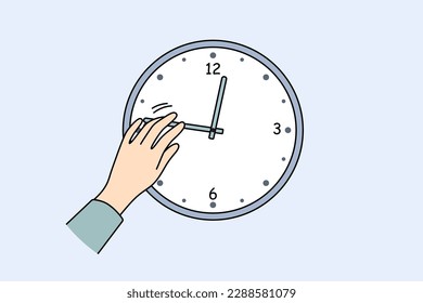 Closeup of person changing time on clock hanging on wall. Man or woman change hands of clock. Time management and planning. Vector illustration. 