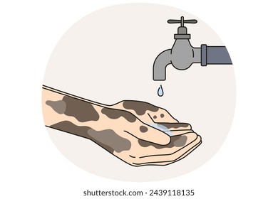 Closeup of person with dirty hands wait for water from faucet. Expecting clean water from tap in suffering poor regions. Concept of drought. Vector illustration.