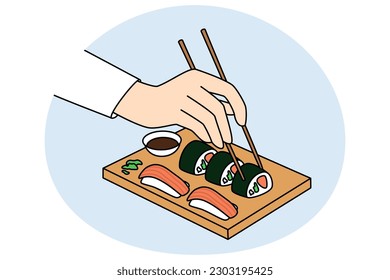 Closeup of person eating sushi in Japanese restaurant. Hand holding chopsticks enjoy traditional Asian food rolls in cafe. Cuisine in Asia or Japan. Flat vector illustration.