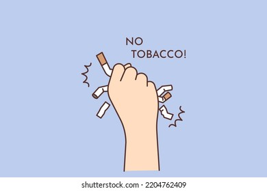 Close-up of person hand with cigarettes saying no to tobacco. Smoker quit smoking throw away cigarette. Bad unhealthy habit quitting. Vector illustration. 