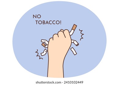 Close-up of person hand with cigarettes saying no to tobacco. Smoker quit smoking throw away cigarette. Bad unhealthy habit quitting. Vector illustration.