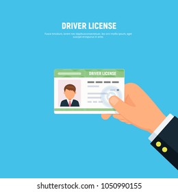 Close-up of person hand holding driver license. id card of driver with photo. Vector illustration in flat style.