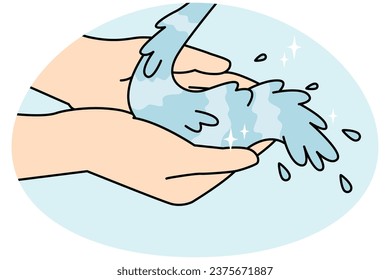 Cierre de manos de personas con agua limpia. Palmeras de hombre o mujer lavándose bajo agua corriente o corriente. Ilustración vectorial. ... Ilustración del vector