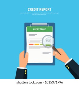 Close-up of person hands with clipboard credit score and magnifier glass. Concept personal credit score information. Vector illustration in flat style.