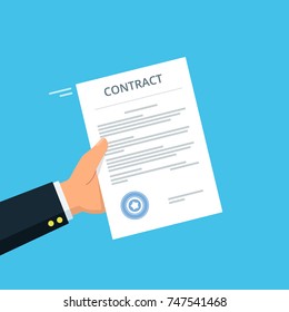 Close-up of person hands with contract agreement. Business concept of contract signing. Vector illustration in flat style.