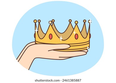 Closeup of person hands holding golden crown. Man or woman hold gold monarch coronal headwear. Monarchy and royalty. Vector illustration.