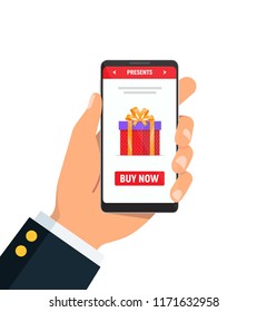 Close-up of person hands holds phone with red gift box on screen. Concept using online shopping for different holidays. Christmas, Valentines Day and Womens Day. Vector illustration in flat style.