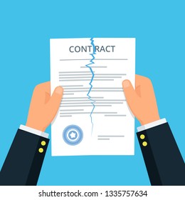 Close-up of person hands ripping up a contract. Terminated contract. Business concept of disagreement. Break the rules. Vector illustration in flat style.