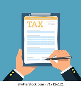 Close-up of person hands with tax clipboard and pen. Business concept of filling tax form. Vector illustration.