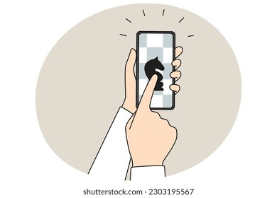 Closeup of person hold smartphone playing chess on gadget online. Hand with cellphone compete in logic strategic game on device on internet. Mobile applications. Vector illustration.