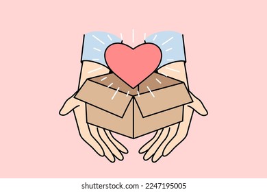 Closeup of person holding box with heart. Hands with parcel with love symbol inside share gratitude and care feeling grateful and thankful. Charity concept. Vector illustration.  - Shutterstock ID 2247195005