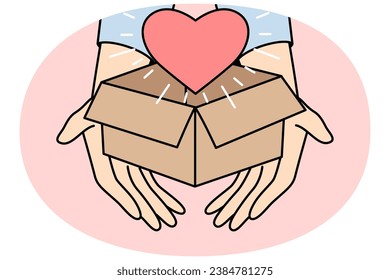 Closeup of person holding box with heart. Hands with parcel with love symbol inside share gratitude and care feeling grateful and thankful. Charity concept. Vector illustration.