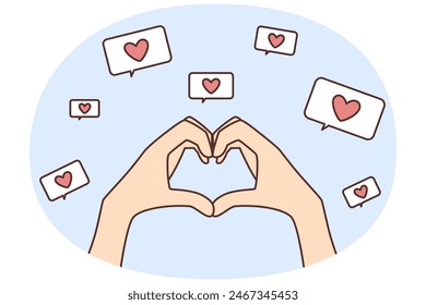 Closeup of person holding hands in heart symbol show appreciation and liking. Man or woman make love gesture demonstrate affection and care. Vector illustration.