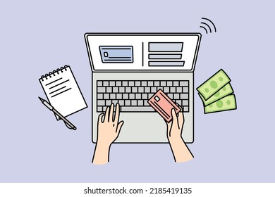 Closeup of person shopping online on laptop paying with credit card. Client make internet payment on computer. Web banking concept. Vector illustration. 