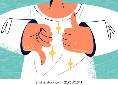 Close-up of person showing thumb up and down. Client demonstrate like and dislike for product or service. Customer feedback and satisfaction. Vector illustration. 