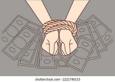 Closeup of person with tied hands on banknotes background. Businessperson arrested for money laundering or bribery. Financial crime. Vector illustration. 