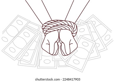 Closeup of person with tied hands on banknotes background. Businessperson arrested for money laundering or bribery. Financial crime. Vector illustration. 