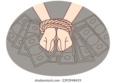 Closeup of person with tied hands on banknotes background. Businessperson arrested for money laundering or bribery. Financial crime. Vector illustration.