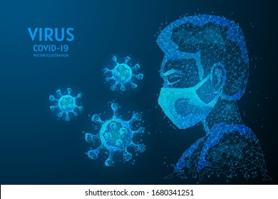 Close-up of a person's face in a medical mask, a viral infection spreading around him. Concept of COVID-19 coronavirus, innovative medical technology. 3d low poly wireframe vector illustration.