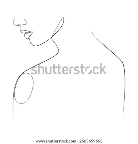 Close-up of a person's face and shoulders line drawing on white isolated background