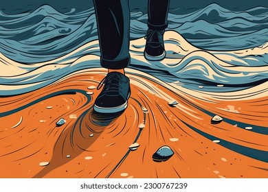 A close-up of a person's feet walking on a sandy beach ,Flat Vector Illustration