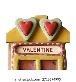 A close-up photograph captures the upper portion of a handcrafted decorative object, likely a figurine or ornament, centered around the theme of Valentine's Day. The main feature is a sign on the faca