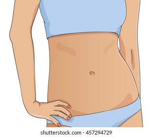 Closeup picture of slim woman waist and arms. Beautiful female tummy, fit stomach. Vector illustration, weight loss and fitness concept.