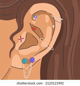 Close-up of a pierced female ear with various earrings, piercing, modern jewelry set. Vector illustration, flat design, cartoon.