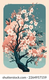 Close-up of a pink cherry blossom branch, illustration in pastels colors