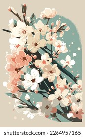 Close-up of a pink cherry blossom branch, illustration in pastels colors