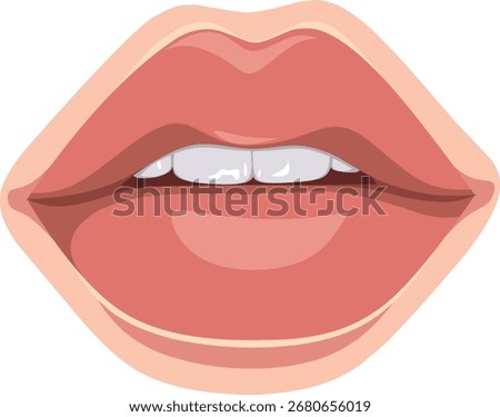 Close-up of pink lips, open showing teeth, with a slight smile