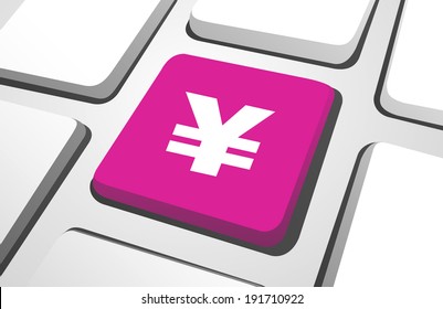 Close-up of pink yen currency sign on a keyboard button.