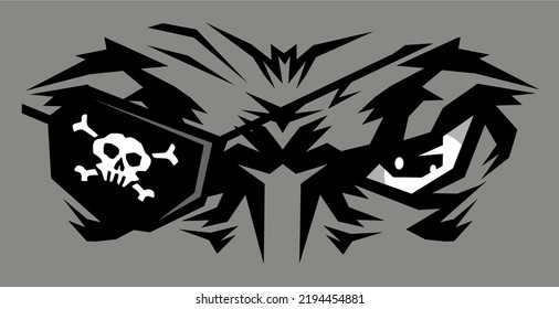 close-up of pirate face with eye patch and jolly roger for school, college or league